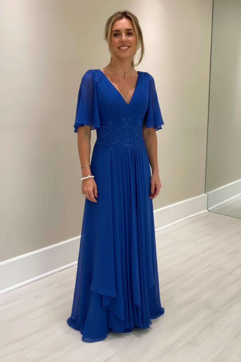 Elegant Half Sleeves V-neck Aline Wedding Guest Dress Chiffon Mother of the Bride Dress
