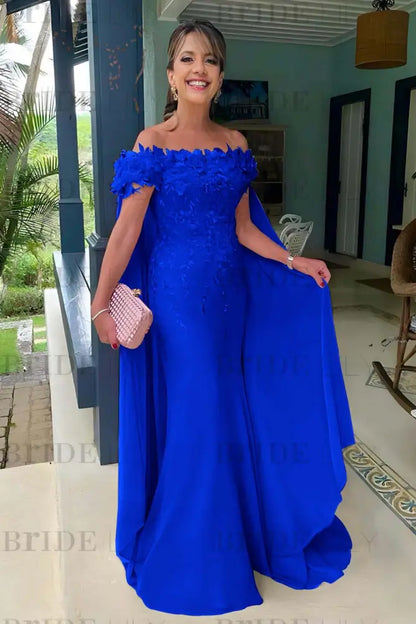 Off-The-Shoulder Mermaid Chiffon Wedding Guest Dresses Long with Appliques