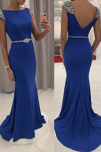 Navy Blue Sequined Fitted Cap Sleeve Mermaid Prom Dress Formal Gown