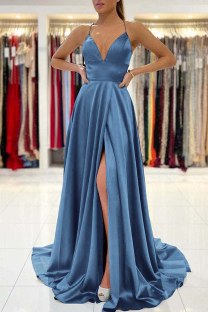 Royal Blue V-Neck Prom Dress Sleeveless With Slit