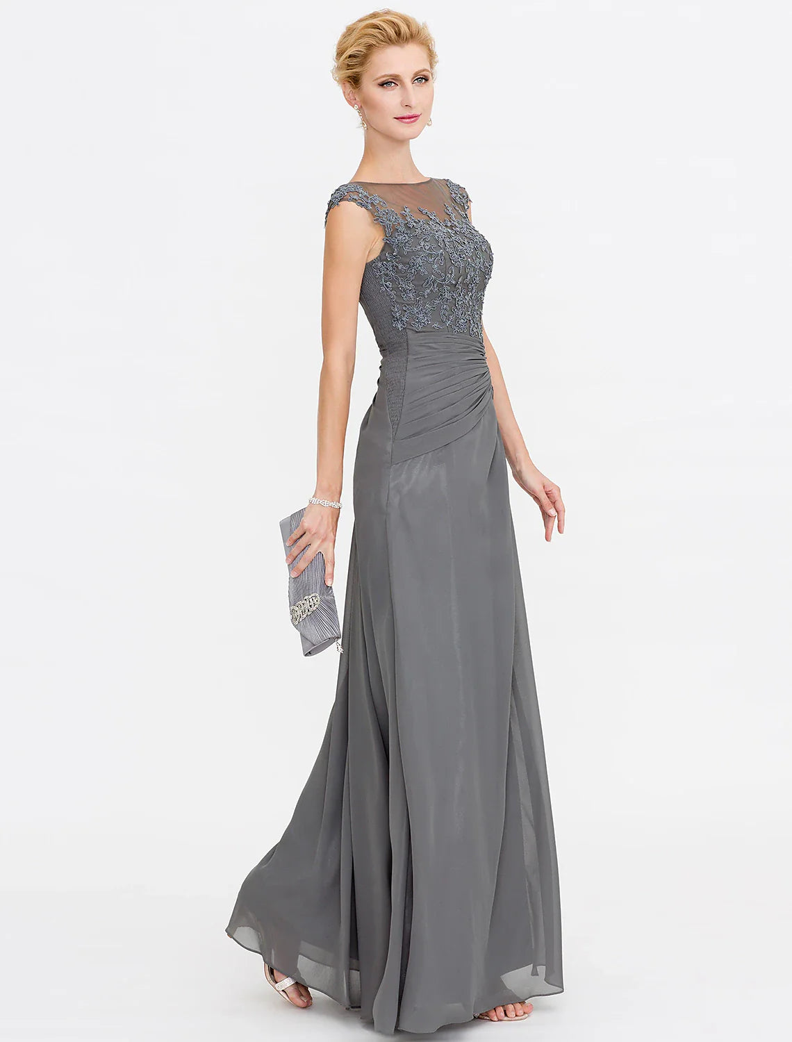 Aimishang A-Line Mother of the Bride Dress Wedding Guest Elegant See Through Bateau Neck Floor Length Chiffon Lace Sleeveless with Side Draping Fall