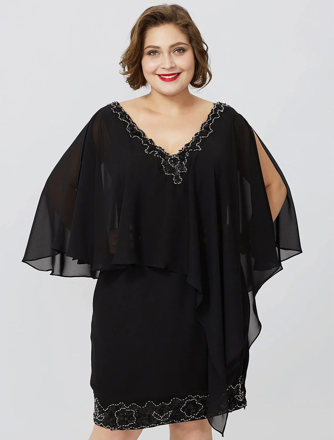 Aimishang  Sheath / Column Mother of the Bride Dress Formal Classic & Timeless Elegant & Luxurious Plus Size V Neck Knee Length Chiffon Sleeveless No with Crystals Beading
