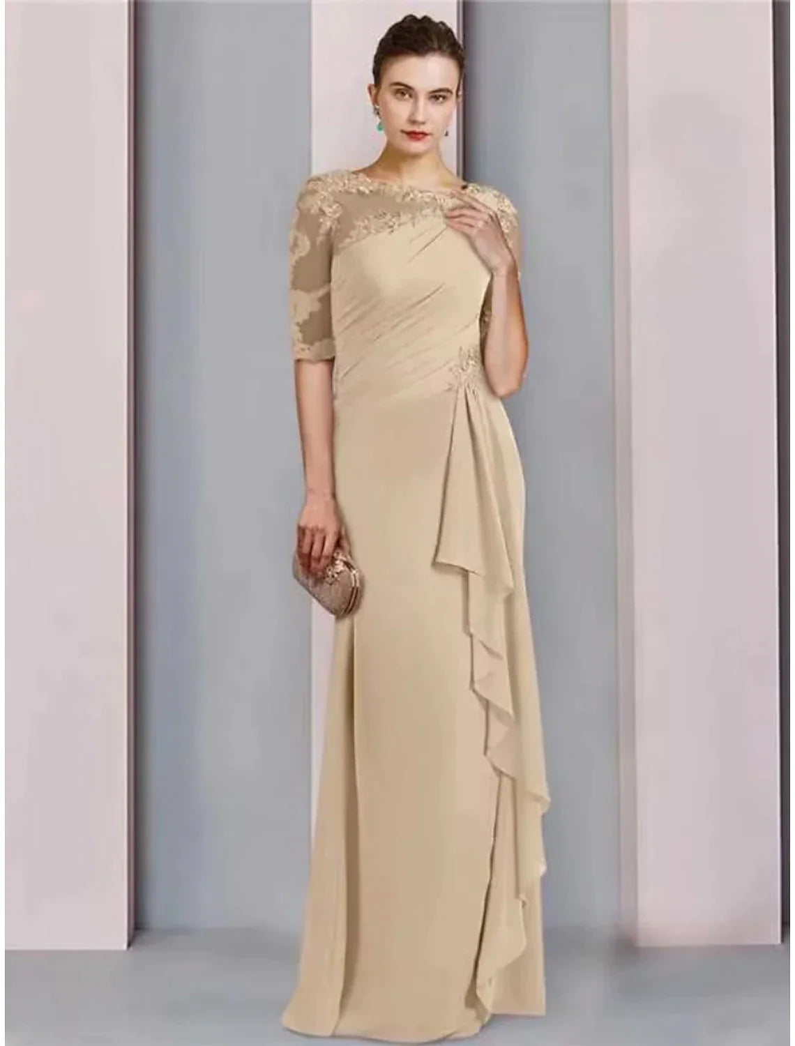Sheath / Column Mother of the Bride Dress Wedding Guest Elegant Scoop Neck Floor Length Chiffon Half Sleeve with Lace Ruffles Ruching