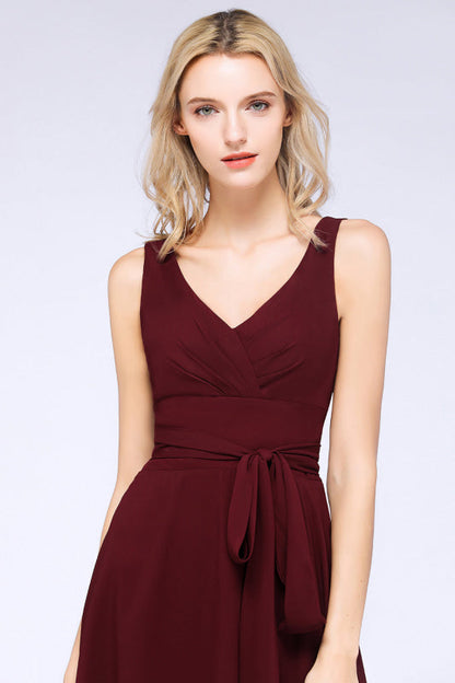Ruffle Short Burgundy Bridesmaid Dress with Bow Sash