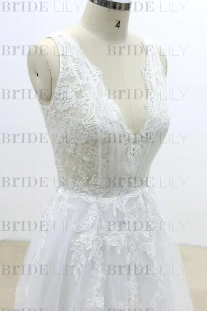 Ruffle V-neck Appliques Tulle A-line Wedding Dress