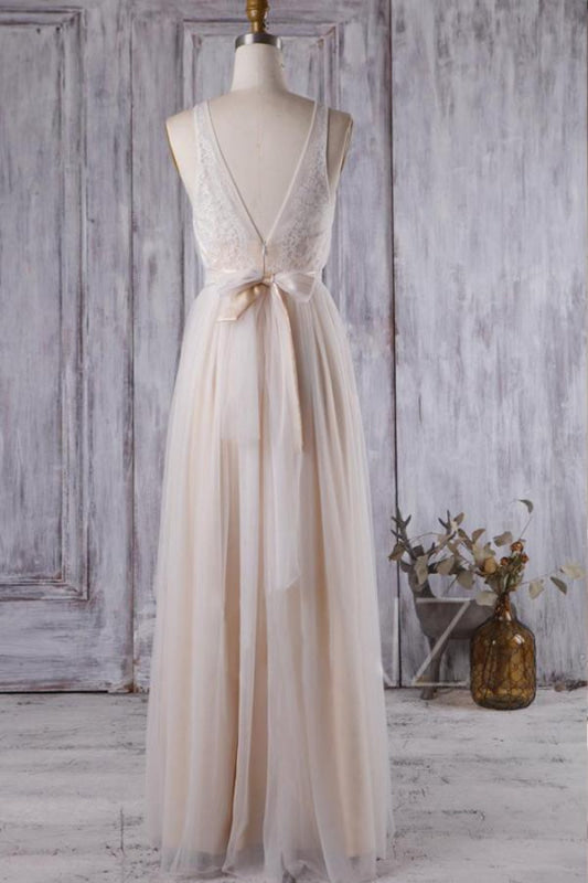 Ruffle V-neck Floor Length Lace Wedding Dress