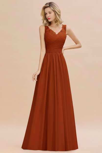 Modest Floral Lace A-line Bridesmaid Dress V-Neck Ruched Chiffon Wedding Guest Dress