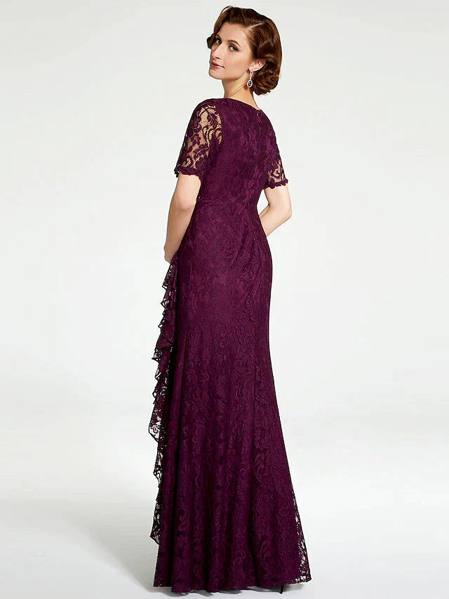Sheath / Column Mother of the Bride Dress V Neck Floor Length Lace Short Sleeve with Lace Beading