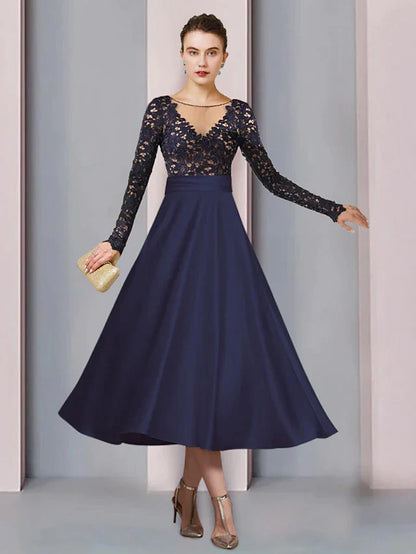 A-Line Mother of the Bride Dress Wedding Guest Elegant Scoop Neck Tea Length Satin Lace Long Sleeve with Pleats Beading Appliques
