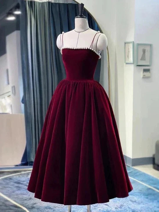 Spaghetti Straps Burgundy Velvet Prom Dress Simple Prom Dress Party Dress C2320