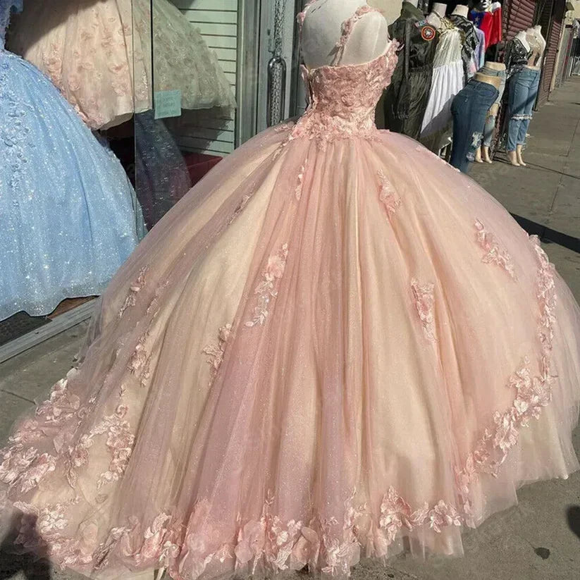 Retro Pink Sweetheart Appliqued 3D Flower A-Line Tulle 18 Birthday Quinceanera Dresses Evening Ball Gowns HZ0319