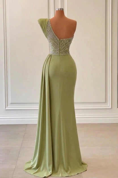 Sage One-Shoulder Split Mermaid Prom Dress With Beadings