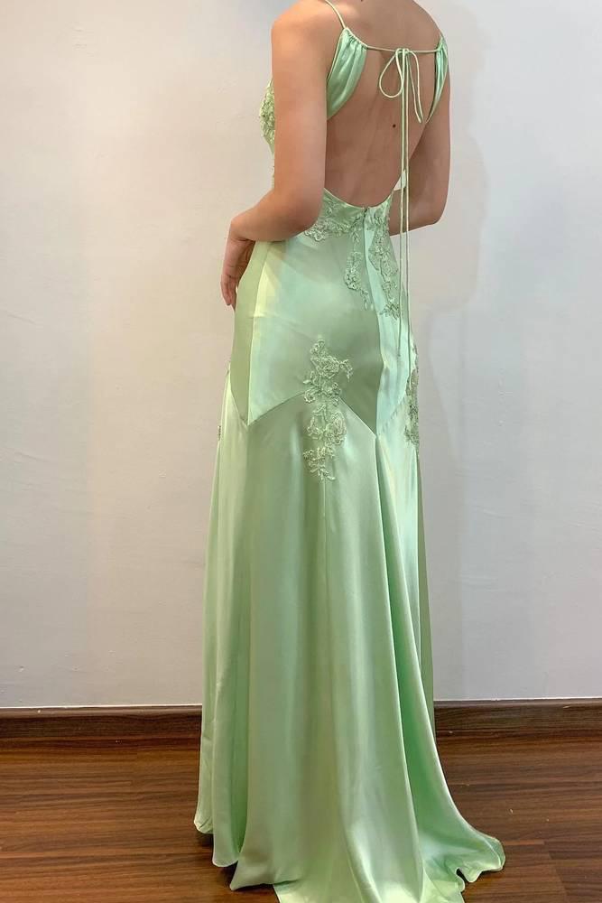 Green V-Neck Appliques Satin Mermaid Party Dress Open Back Evening Gowns