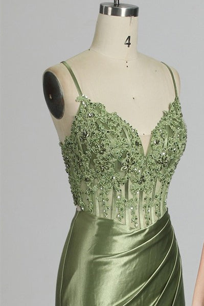 Mermaid Emerald Green Straps Ruched Prom Dress with Slit