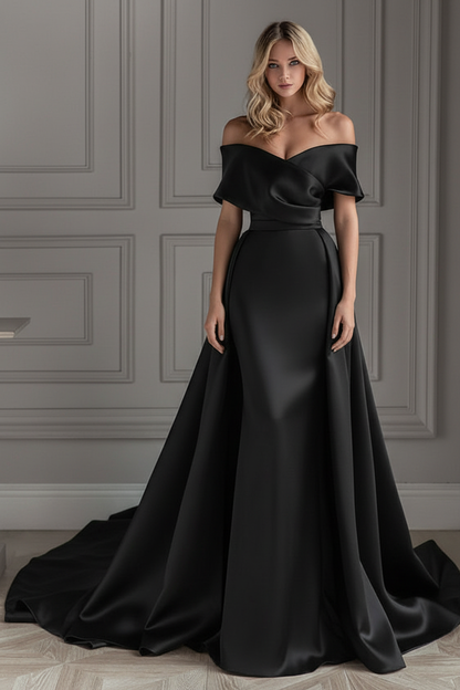 White Vintage Wedding Dress With Train Satin Off The Shoulder Wedding Dress Pleated Mermaid Bridal Gowns