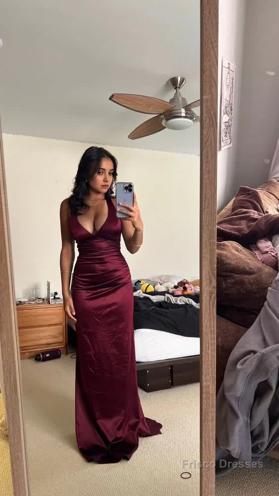 Plunging V- Neckline Long Evening Dress Burgundy Maxi Bodycon Dresses