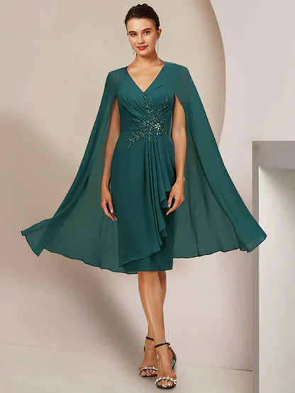 DingjiSheath / Column Mother of the Bride Dress Wedding Guest Vintage Elegant V Neck Knee Length Chiffon Sleeveless with Pleats Crystals Beading
