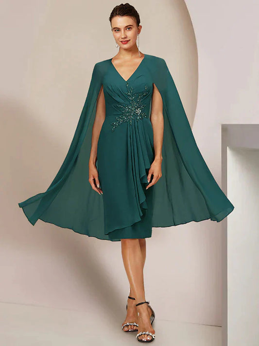 DingjiSheath / Column Mother of the Bride Dress Wedding Guest Vintage Elegant V Neck Knee Length Chiffon Sleeveless with Pleats Crystals Beading