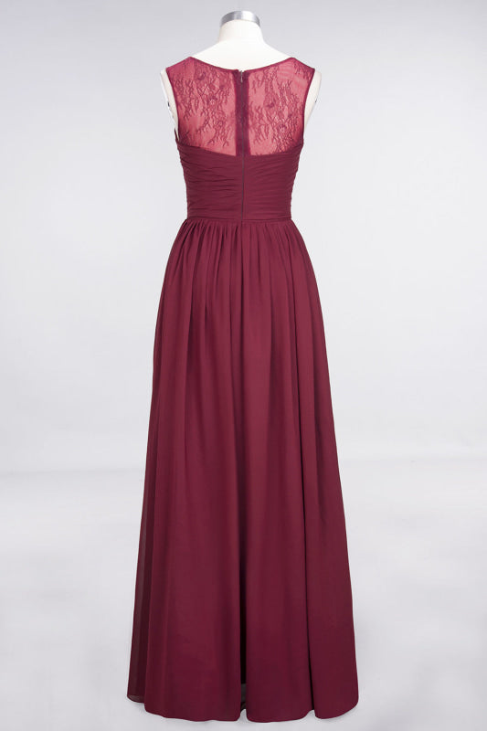 Scoop Neck Ruffle Chiffon Burgundy Modest Bridesmaid Dresses Aline