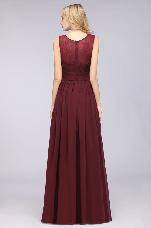 Scoop Neck Ruffle Chiffon Burgundy Modest Bridesmaid Dresses Aline