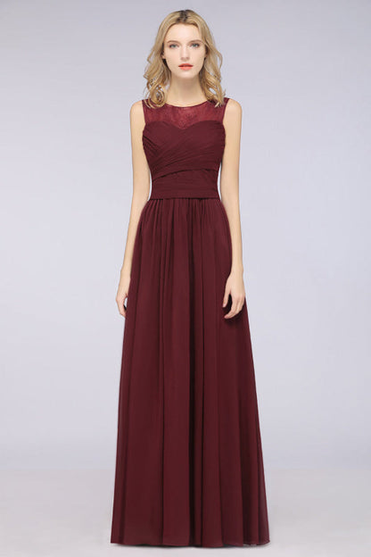 Scoop Neck Ruffle Chiffon Burgundy Modest Bridesmaid Dresses Aline