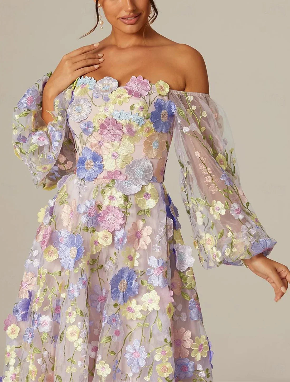A-Line Prom Dresses Vintage Dress Valentine's Day Prom Tea Length Long Sleeve Square Neck Tulle With Flowers