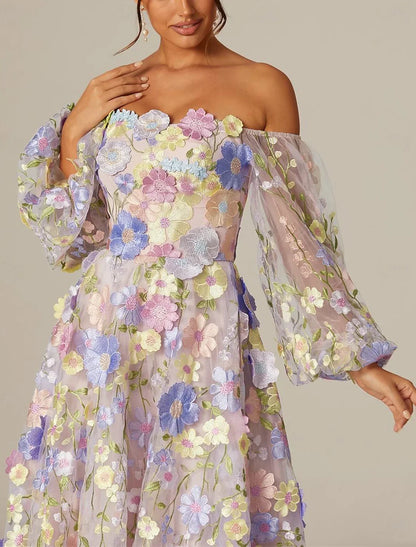 A-Line Prom Dresses Vintage Dress Valentine's Day Prom Tea Length Long Sleeve Square Neck Tulle With Flowers