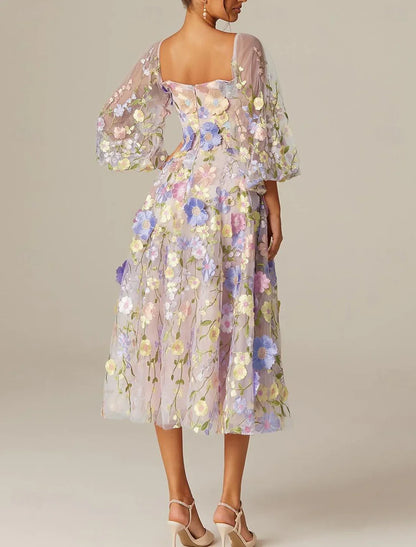 A-Line Prom Dresses Vintage Dress Valentine's Day Prom Tea Length Long Sleeve Square Neck Tulle With Flowers