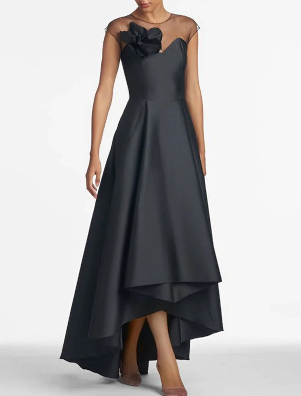 A-Line Wedding Guest Dresses Elegant Black Dress Plus Size Wedding Guest Wedding Party Asymmetrical Sleeveless Jewel Neck Satin with Shouder Flower 2025