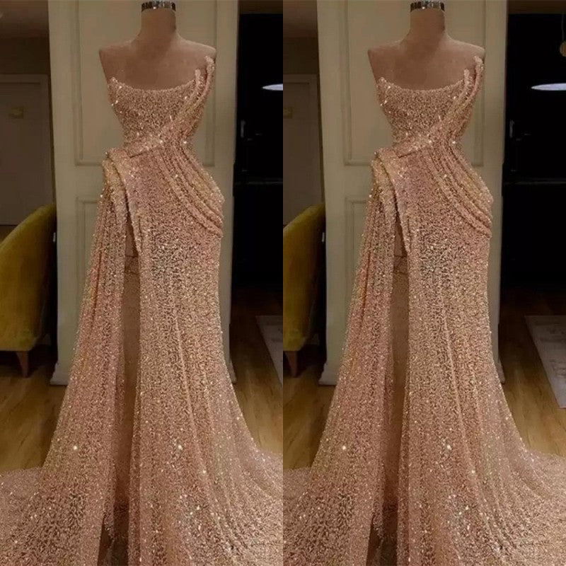 Glitter Sequin Strapless Mermaid Long Prom Dress with Split
