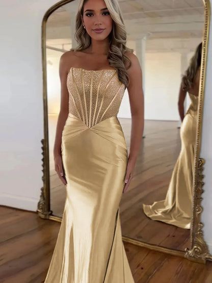 Serin | Purple Strapless Mermaid Satin Long Prom Dress With Beading