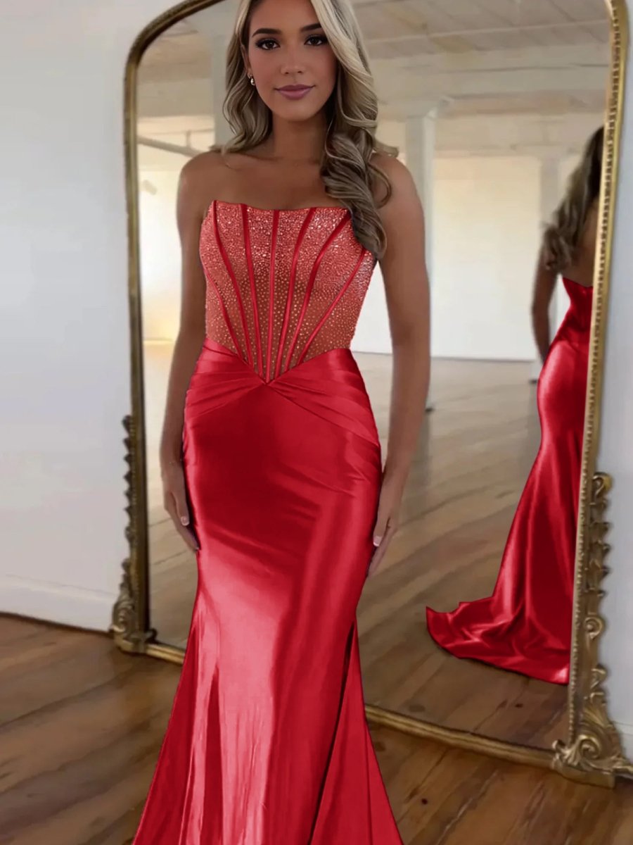 Serin | Purple Strapless Mermaid Satin Long Prom Dress With Beading