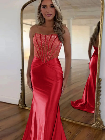 Serin | Purple Strapless Mermaid Satin Long Prom Dress With Beading