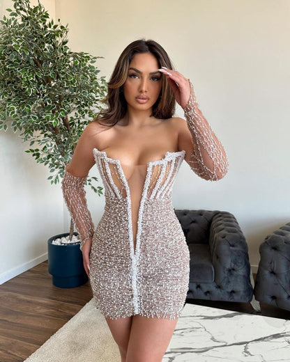 Sexy Beads V Neck Sleeveless Prom Dress with Front Slit