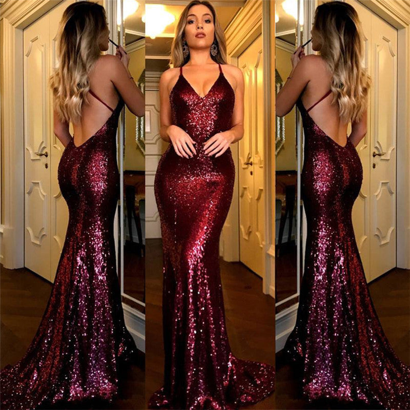 Sexy Burgundy Evening Dress with Sequins Backless Long Prom Dress