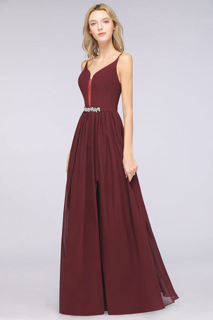 Sexy Deep V-Neck Burgundy Chiffon Bridesmaid Dress with Slit