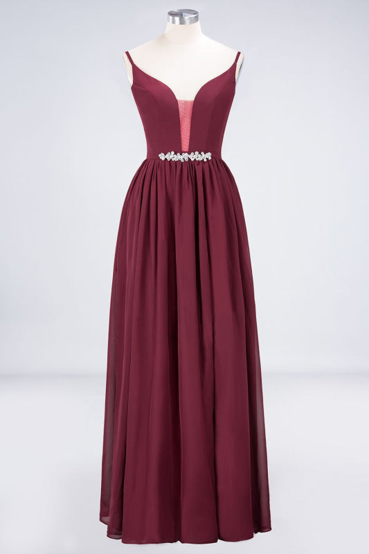 Sexy Deep V-Neck Burgundy Chiffon Bridesmaid Dress with Slit