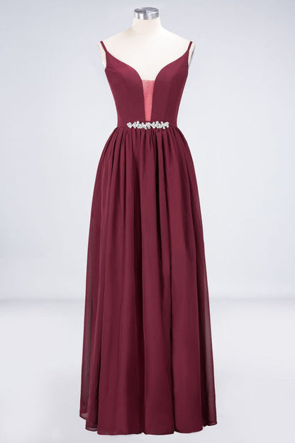 Sexy Deep V-Neck Burgundy Chiffon Bridesmaid Dress with Slit