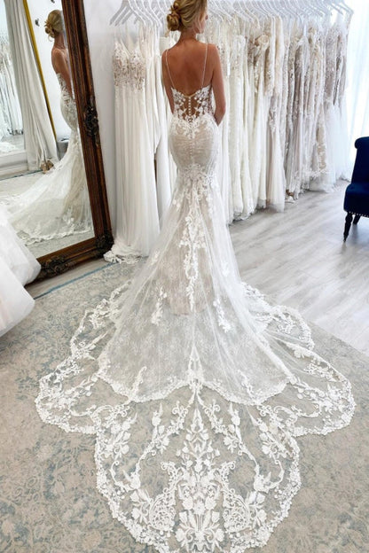 Sexy Mermaid Appliques Lace Wedding Dress With Chapel Train