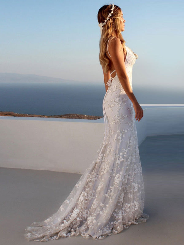 Sexy Mermaid Wedding Dress White V-Neck Backless Lace Bridal Dresses