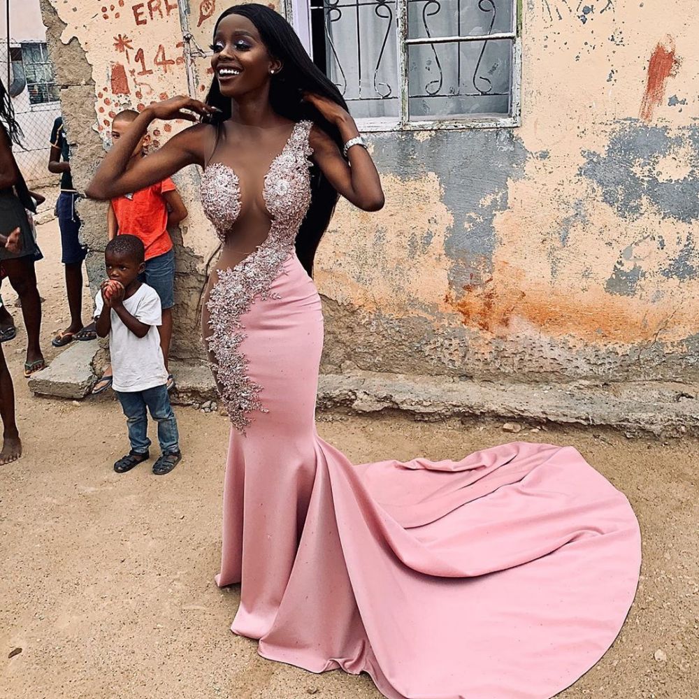 Sexy Pink Sleeveless Appliques Mermaid Sheer Tulle Prom Dress