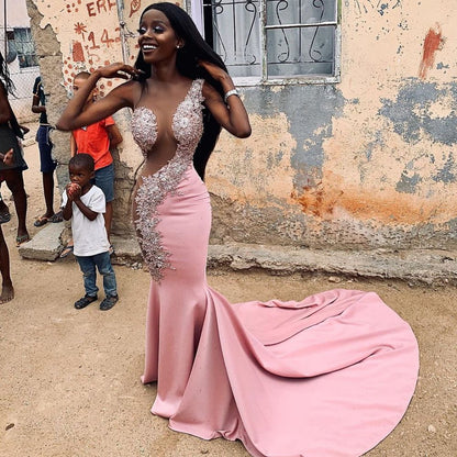Sexy Pink Sleeveless Appliques Mermaid Sheer Tulle Prom Dress