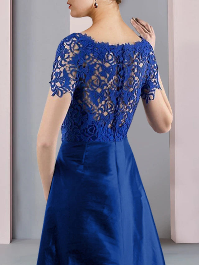 Two Piece Sheath / Column Mother of the Bride Dress Formal Church Elegant detachable Scoop Neck Knee Length Lace Taffeta Short Sleeve with Bow(s) Crysta