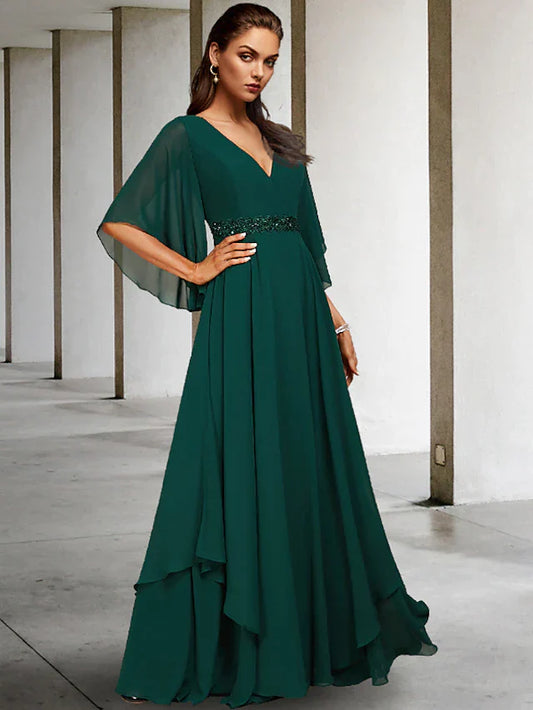DingjiA-Line Mother of the Bride Dress Elegant V Neck Sweep / Brush Train Chiffon Half Sleeve with Sash / Ribbon Ruffles