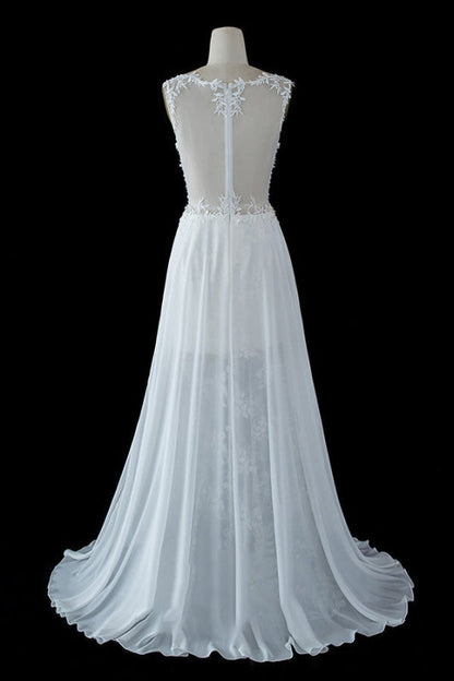 Sheer Split Tulle A-line Wedding Dress with Lace Appliques