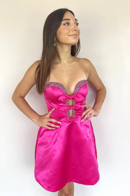 Strapless Black A-Line Beaded Satin Homecoming Dress