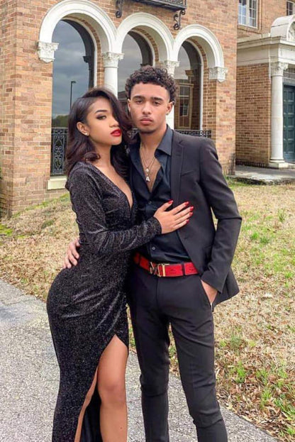 Shiny Black Deep V Neck Long Sleeves Prom Dresses