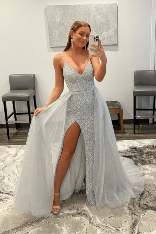 Shiny Pink Sequins V Neck Mermaid Prom Dresses High Slit Sleeveless with Detachable Train