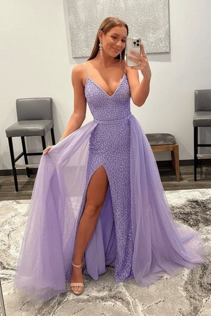 Shiny Pink Sequins V Neck Mermaid Prom Dresses High Slit Sleeveless with Detachable Train