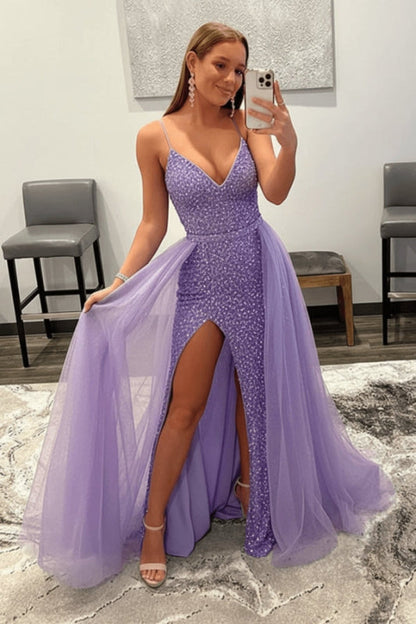 Shiny Pink Sequins V Neck Mermaid Prom Dresses High Slit Sleeveless with Detachable Train